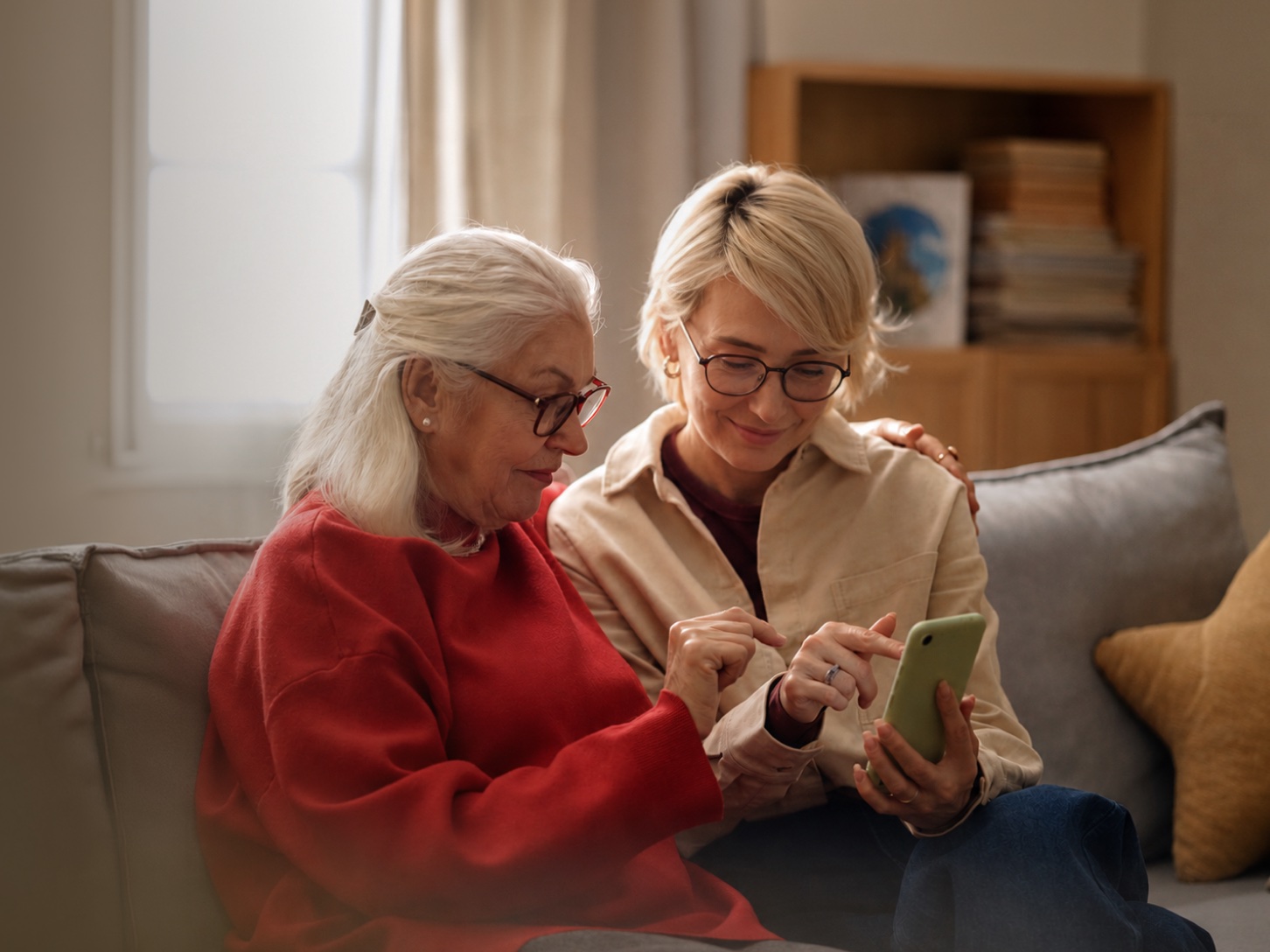 A caregiver and an older loved one reviewing health information together on a phone