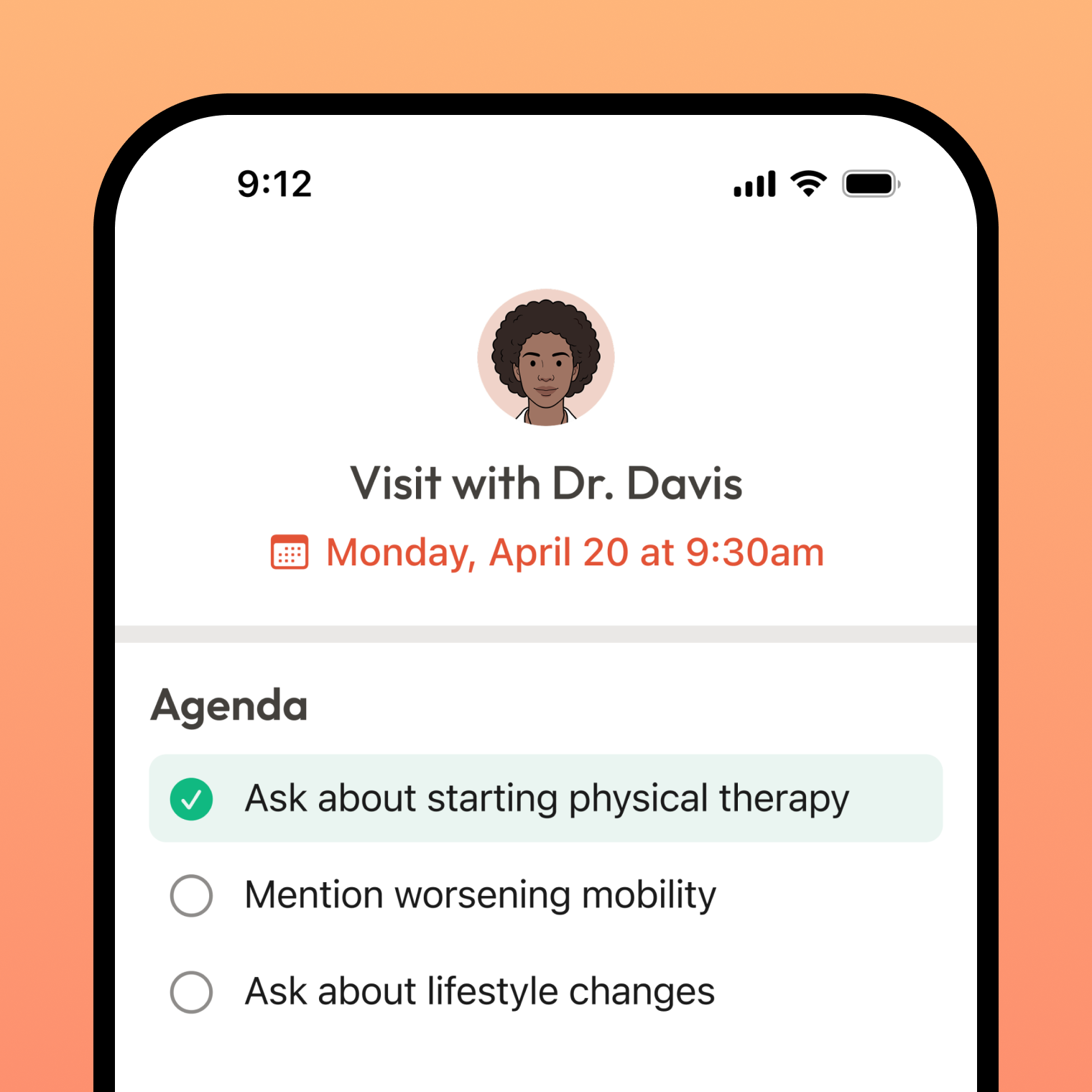 Kin visit prep screen with agenda and questions