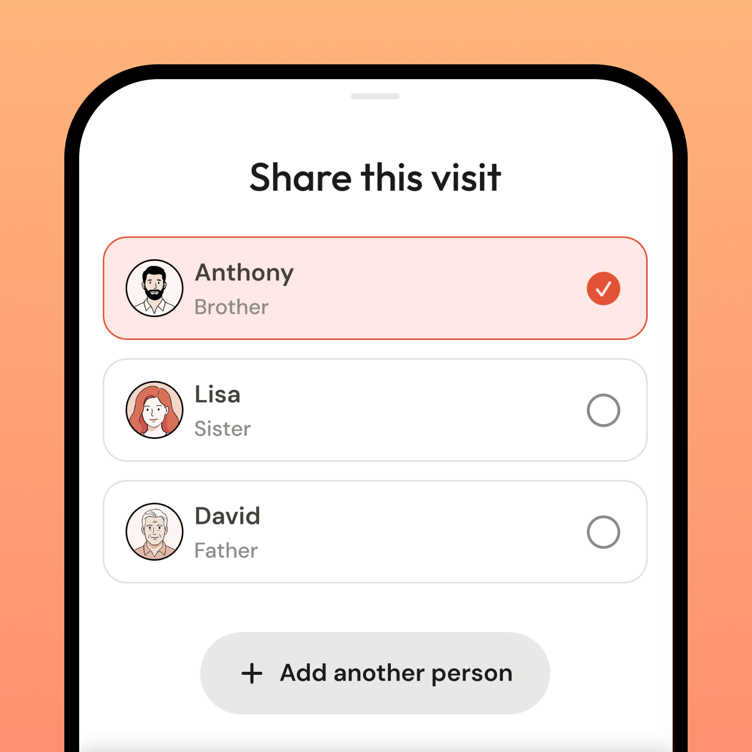 Kin sharing screen with care circle options