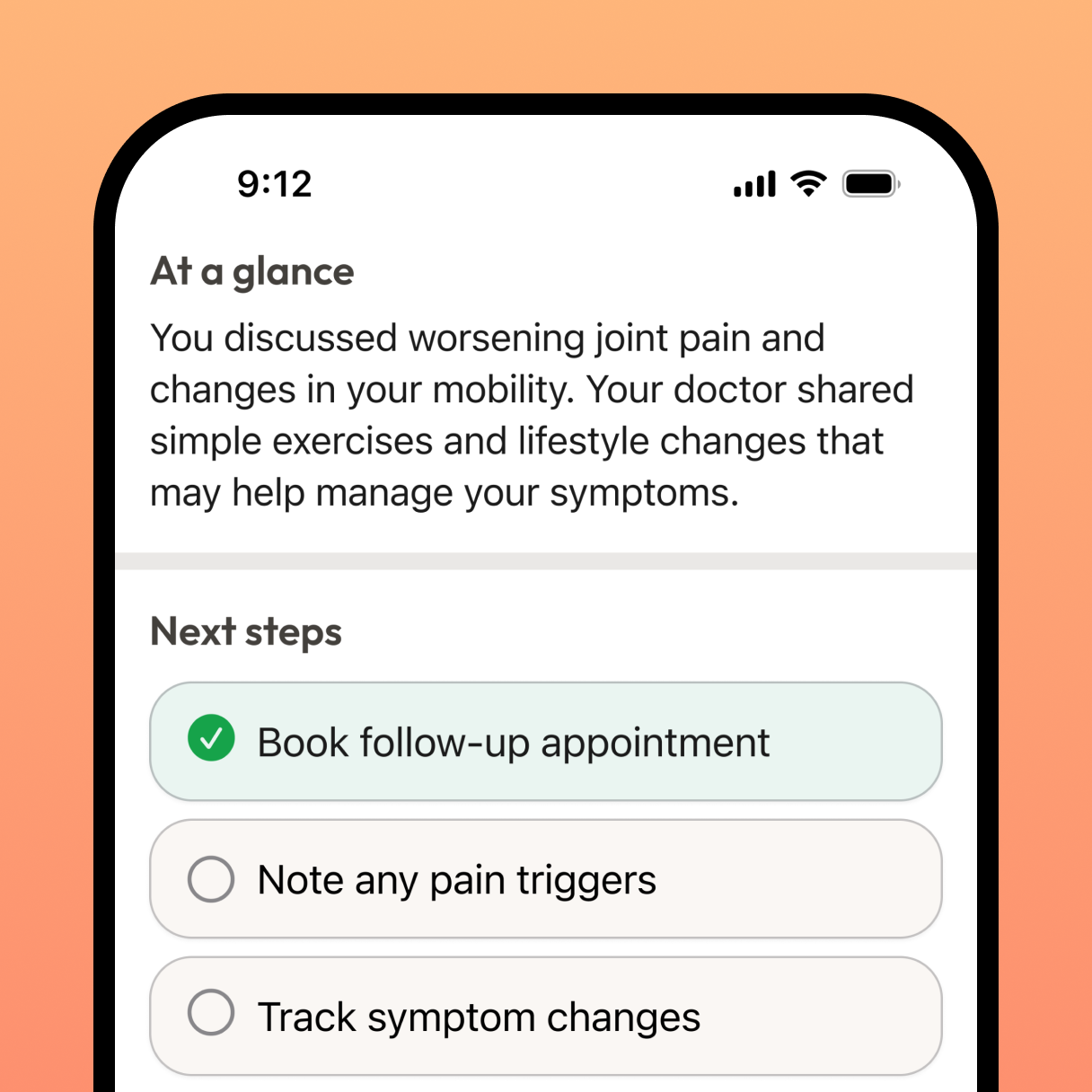 Kin summary screen with next steps for a loved one's visit