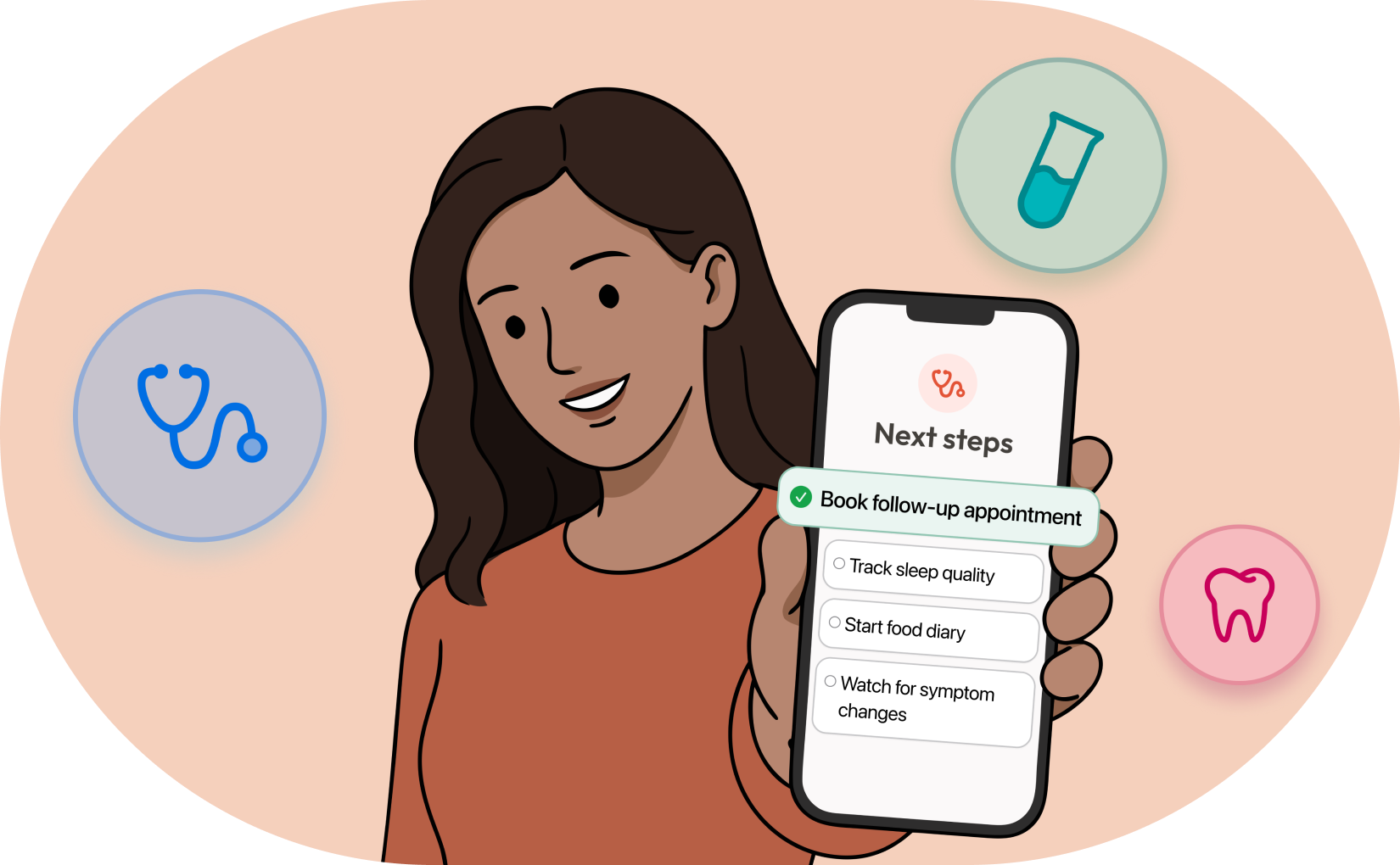 A patient holding a phone showing next steps after a visit, surrounded by icons for different specialists
