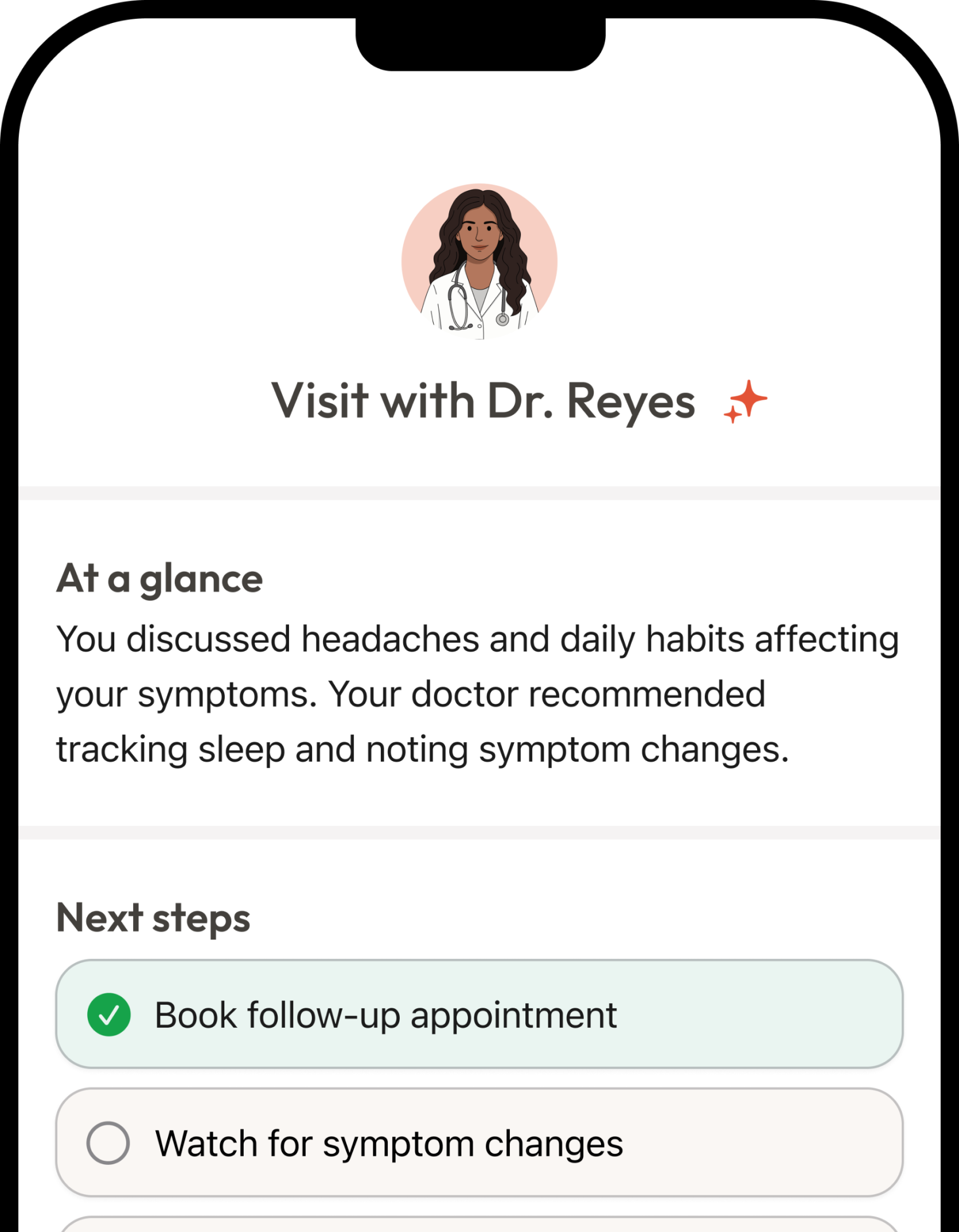 Kin app showing a visit summary with care plan items
