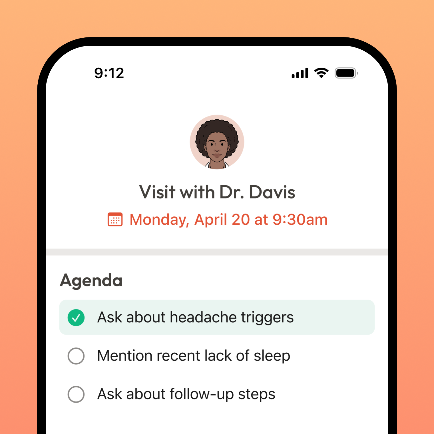 Kin visit prep screen with agenda and questions