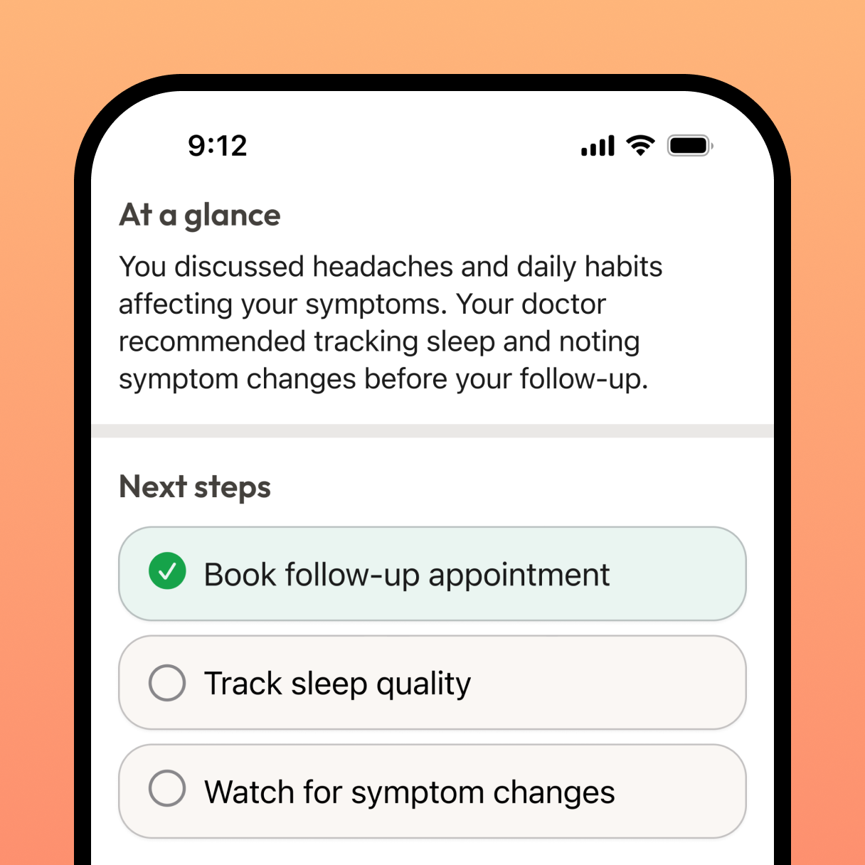 Kin summary screen with next steps