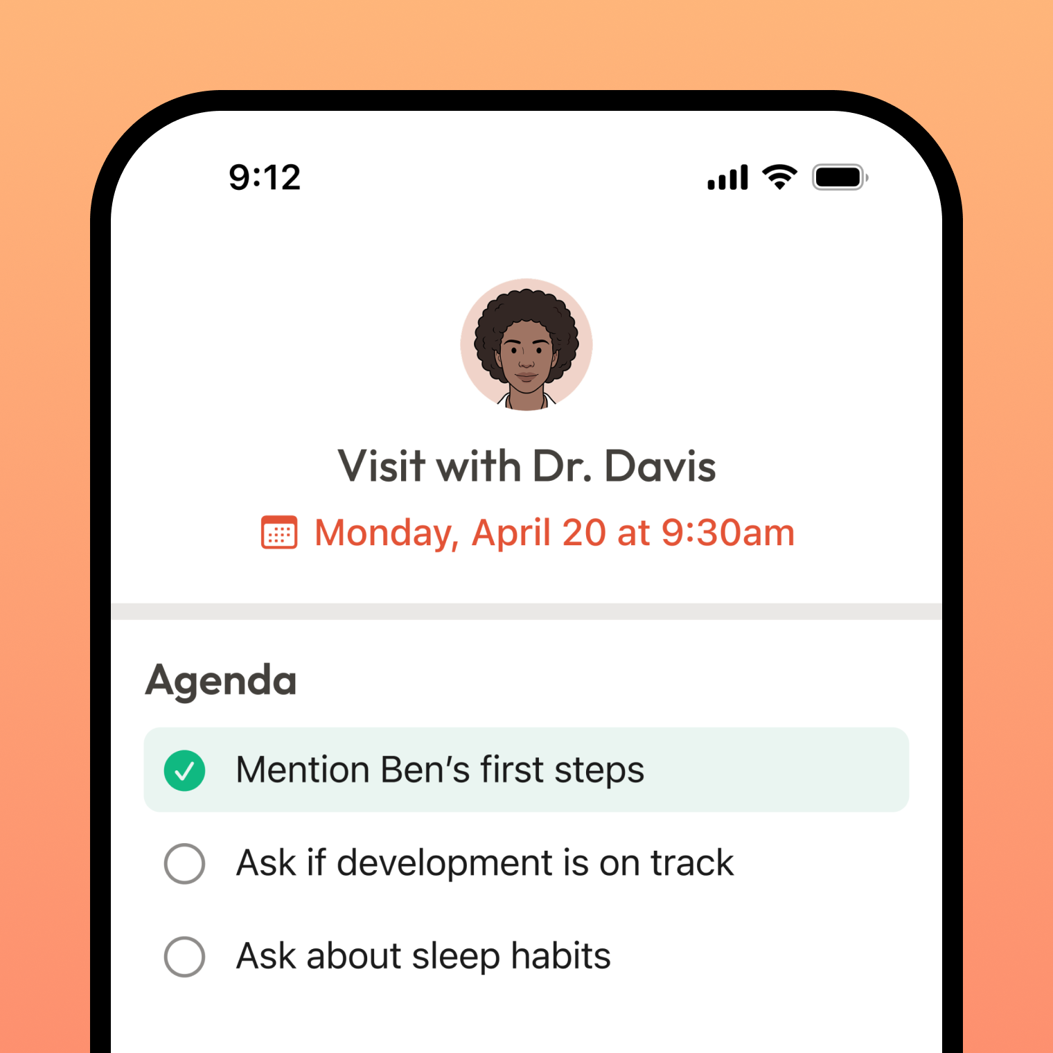 Kin visit prep screen with questions for a child's next appointment