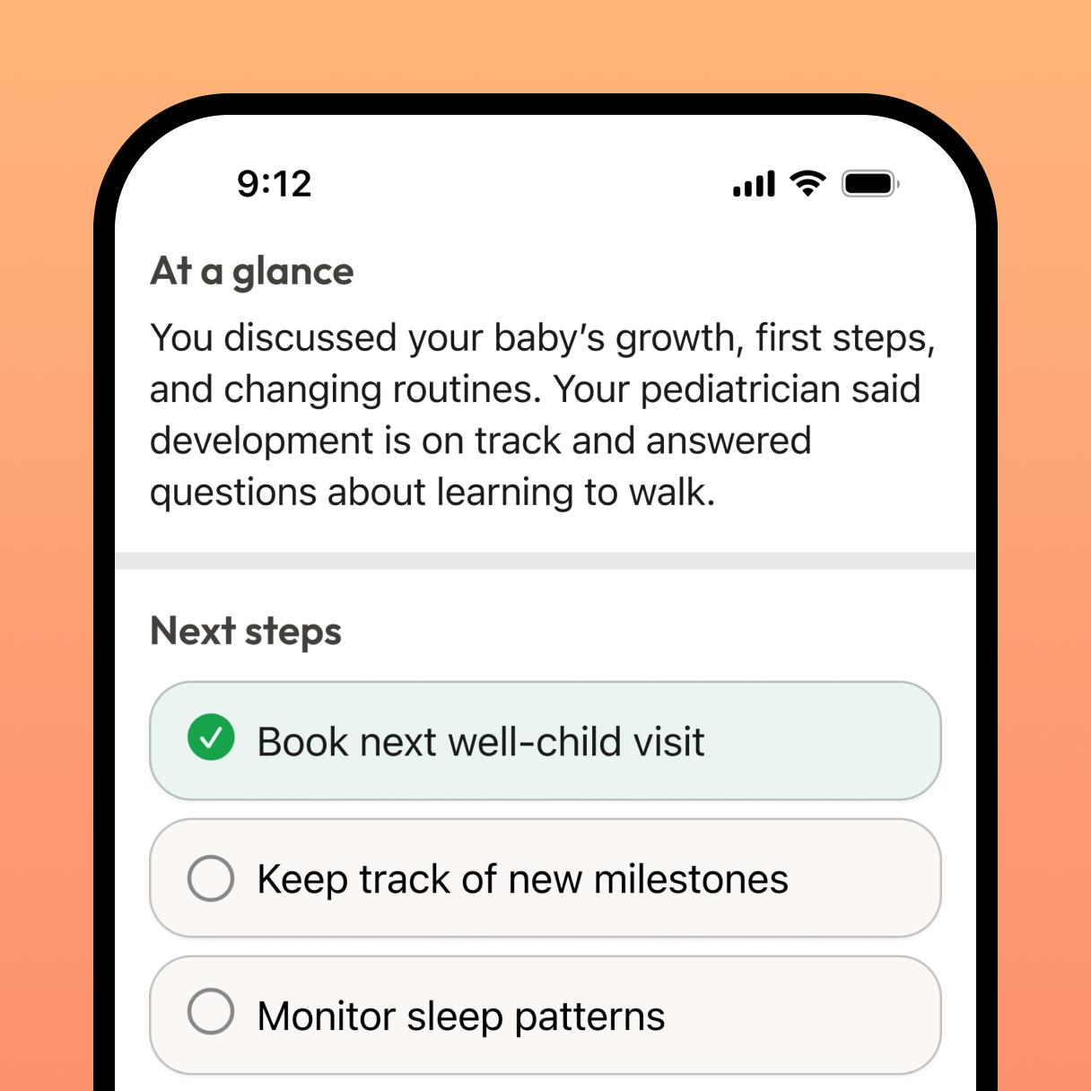 Kin summary screen with next steps for a child's visit