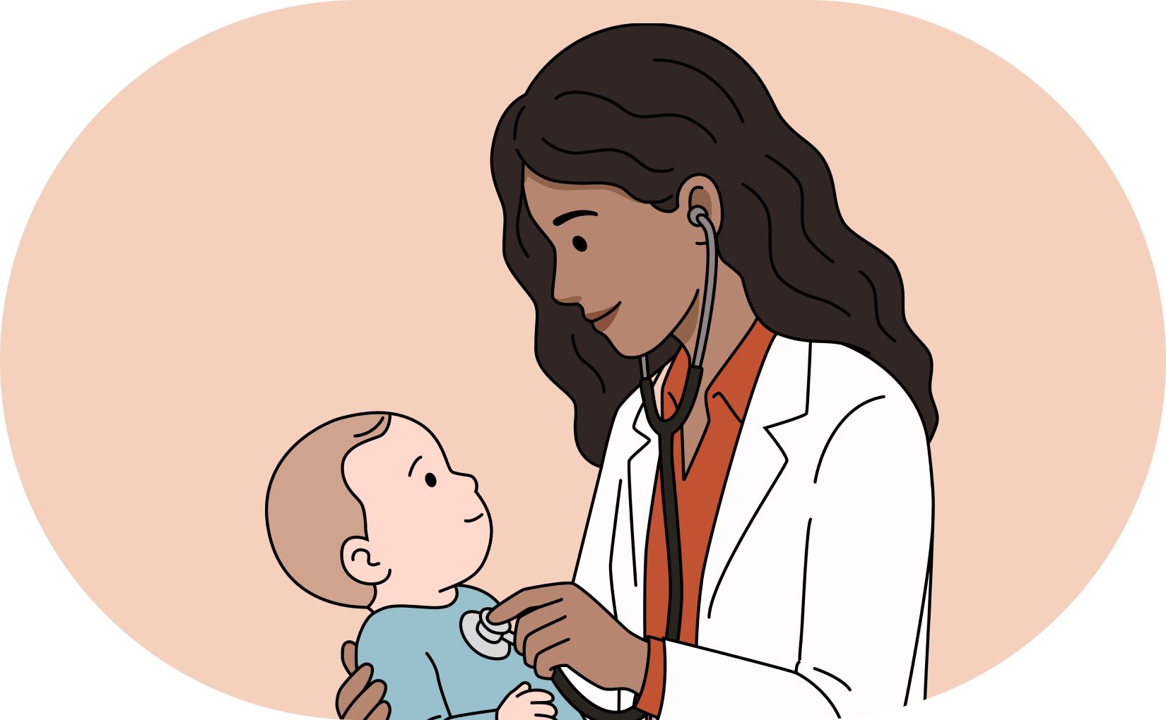 A pediatrician examining a baby with a stethoscope