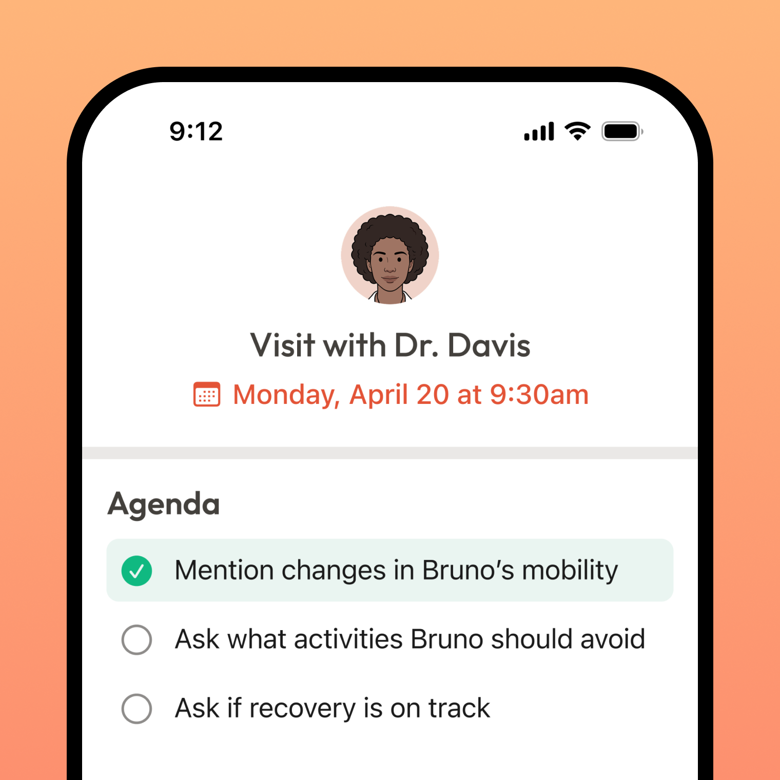 Kin visit prep screen with questions for a pet's next vet appointment