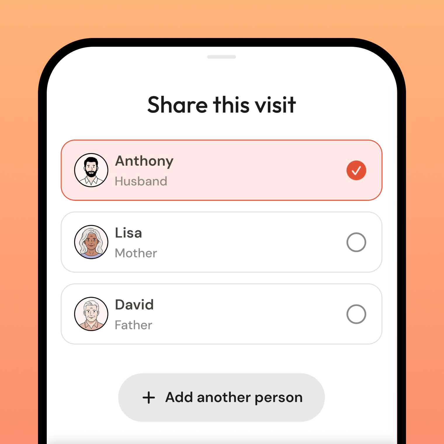 Kin sharing screen with options to share a pet's visit with family