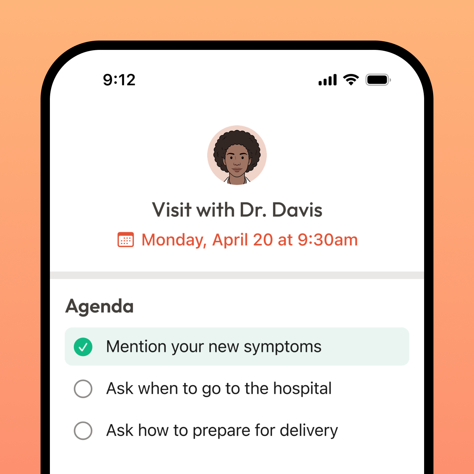 Kin visit prep screen with questions for the next appointment