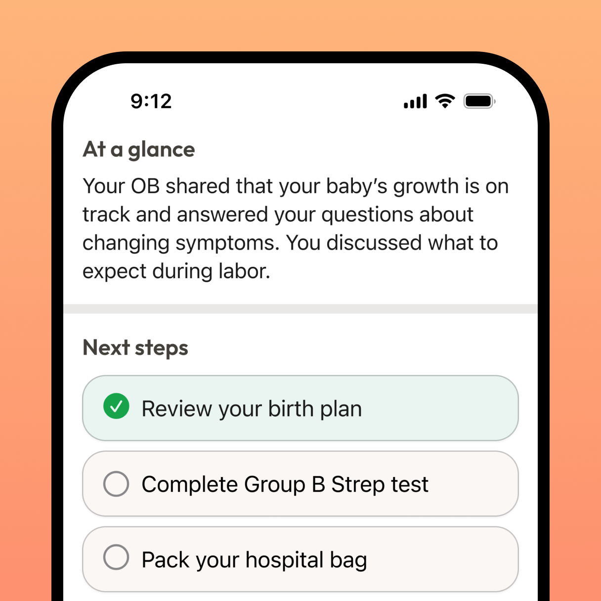 Kin summary screen with next steps for a prenatal visit